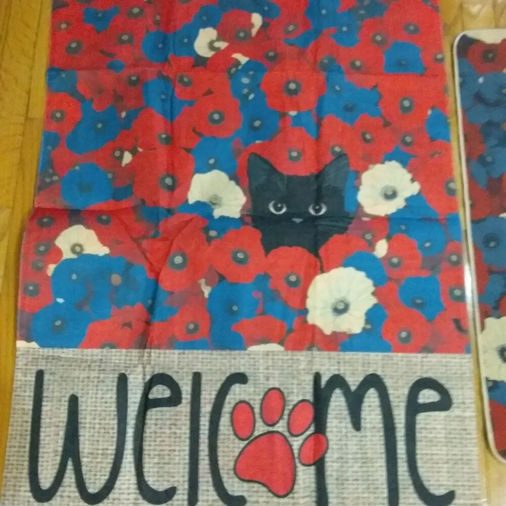 Cute Black Cat with Poppies House Flag and Rug